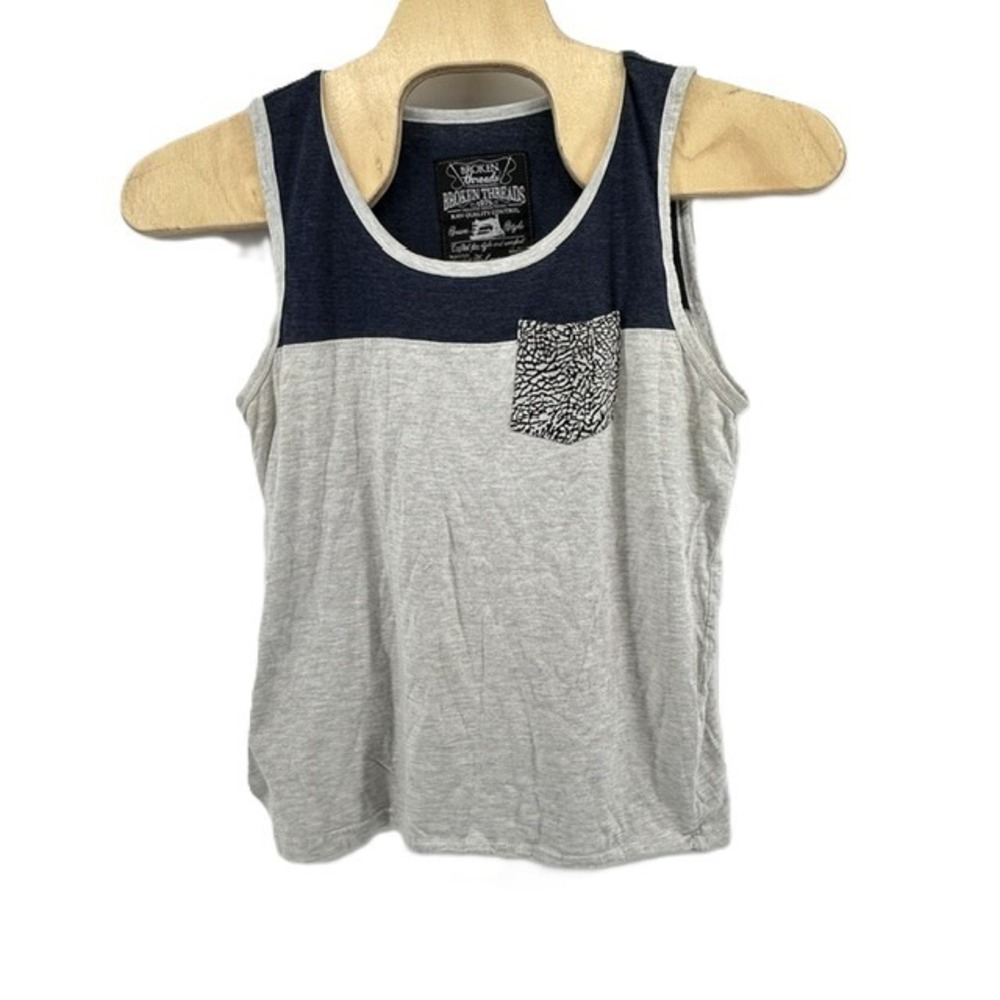 Broken Threads Mens XL Tank Top Colorblock Gray Navy Blue Pocket Tee Sleeveless